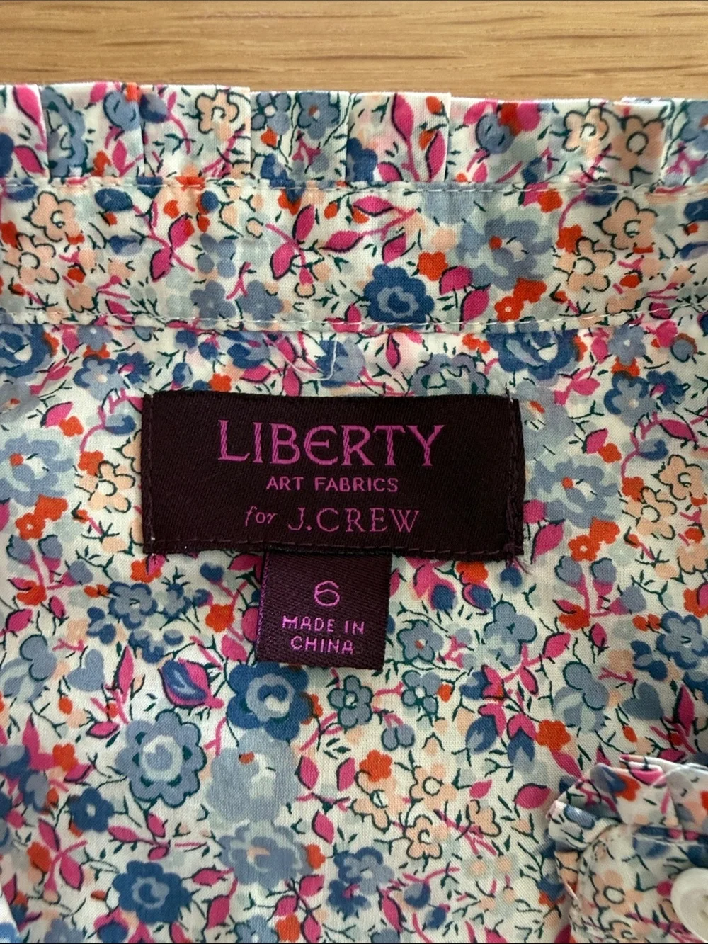 J. Crew Pink and Blue Floral Ruffle Band-Collar Popover Button-Up Blouse